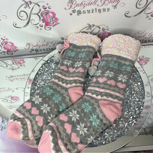 Slippers Pom Poms hearts y2k cotton candy Sherpa fluff grip on bottom warm socks